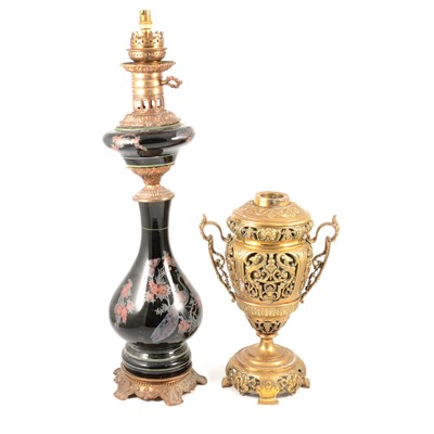 Lot 409 - Cast brass oil lamp base, and a Victorian style oil lamp