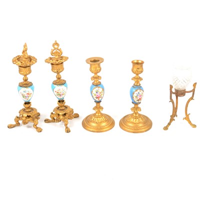Lot 118 - Two pairs of French porcelain and gilt metal candlesticks, and a gilt-metal and cut glass posy