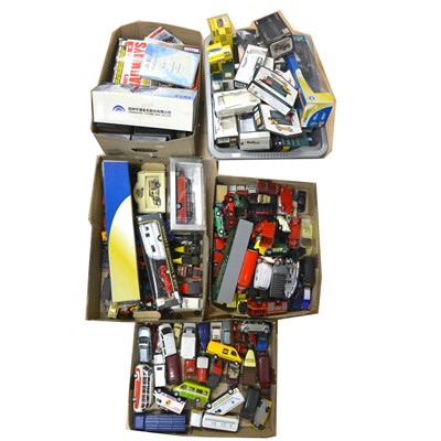 Lot 149A - Three trays of die-cast model vehicles, a box of railway literature, a box of empty die-cast boxes