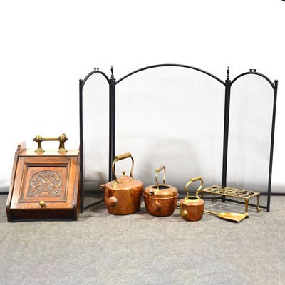 Lot 157 - Edwardian walnut coal box; together with copper and brass hearth furniture, etc