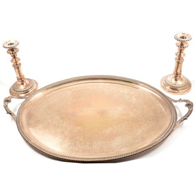 Lot 203 - Victorian electroplated oval tray and a pair of candlesticks