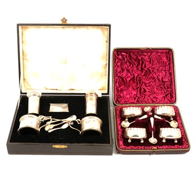 Lot 236 - Set of four silver salts, cased and a part silver condiment set