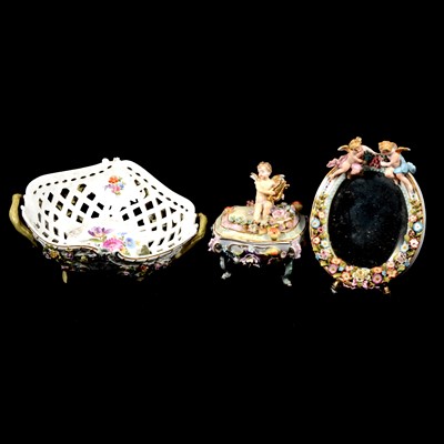 Lot 10 - Meissen style bowl, lidded box and a small table mirror.