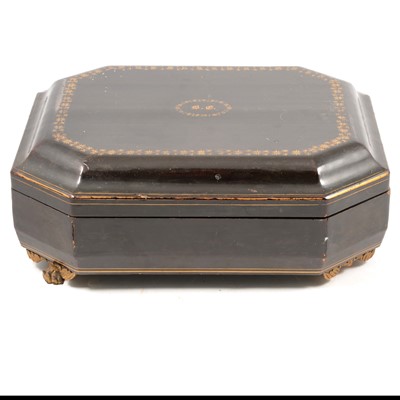 Lot 199 - 19th century lacquered gaming box with collection of mother of pearl counters