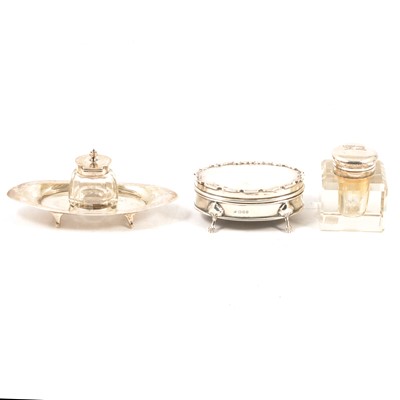 Lot 252 - Two silver mounted glass inkwells and a silver ring box