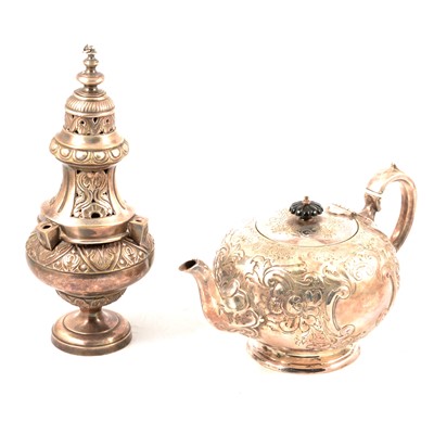 Lot 173 - Silver-plated incense burner, teapot, milk jug and other items.