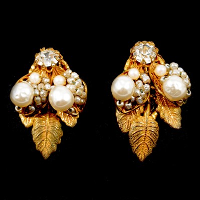 Lot 384 - Miriam Haskell - a pair of signed simulated pearl and white crystal earscrews.