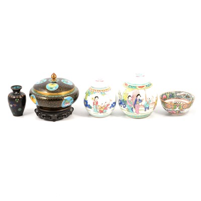 Lot 76 - Two Chinese ginger jars and covers, a Cantonese tea bowl, and two items of cloisonne