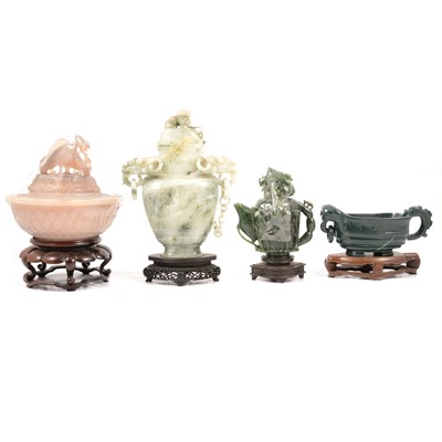 Lot 79 - A modern lilac jade dish and cover, green vase and cover, teapot and sauce boat.