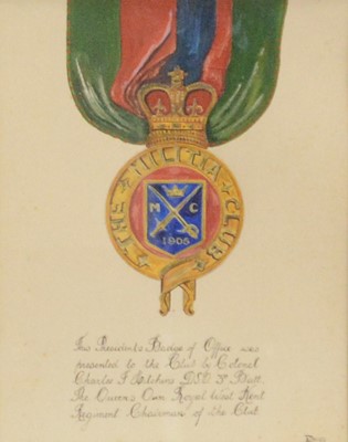 Lot 328 - An heraldic shield, and A Davies, The Militia Club President's Badge of Office.