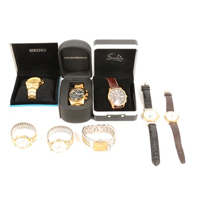 Lot 201 - Eight gentlemen's gold-plated wristwatches and some spare straps.