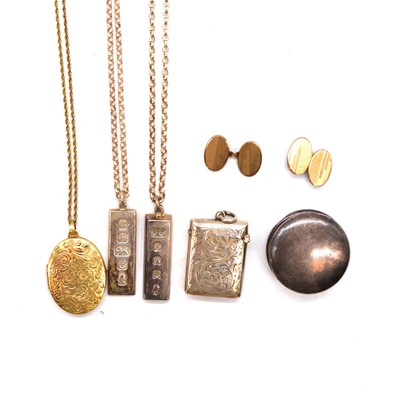 Lot 403 - Two silver ingot pendants, vesta case, pill box, rolled gold locket and chain, cufflinks.