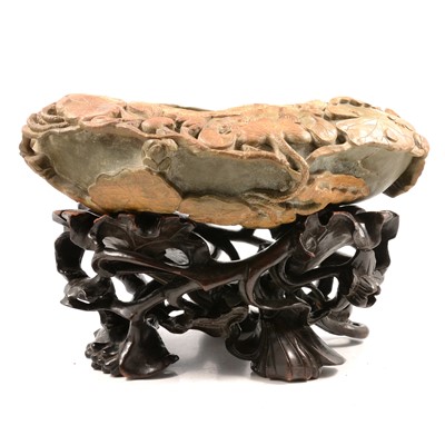 Lot 73 - Large Chinese carved hardstone bowl, on carved and open wooden stand