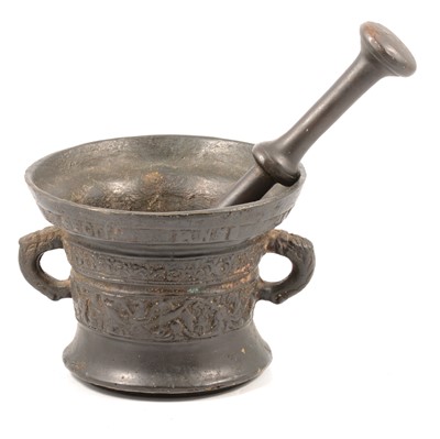 Lot 152 - Patinated brass mortar, bears date 1667, 14cm, with a pestle.