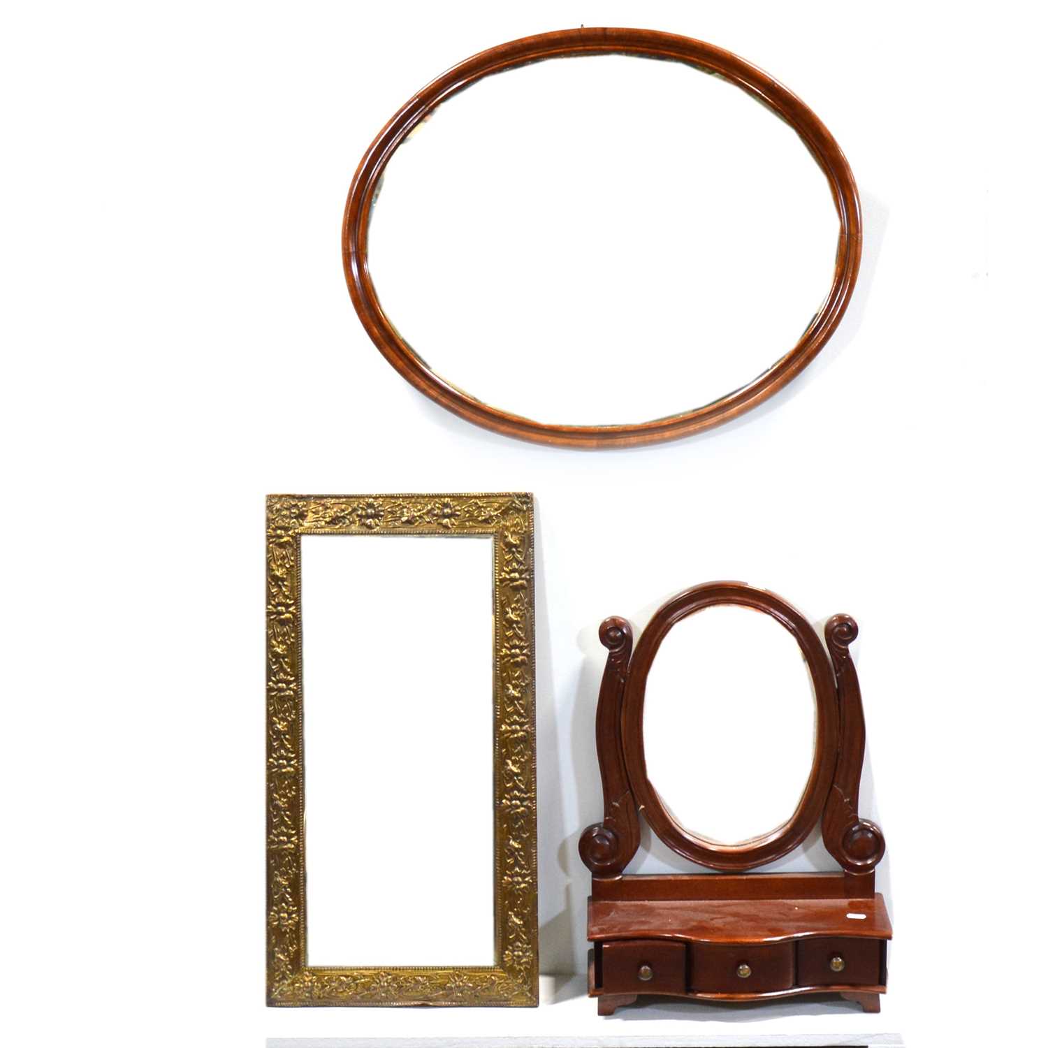 Lot 428 - Reproduction hardwood toilet mirror and two wall mirrors