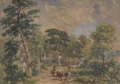 Lot 322 - English School, Cattle by a cottage in woodland