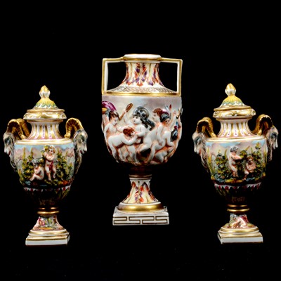 Lot 49 - Continental tankard, probably Italian, and a garniture of Naples vases