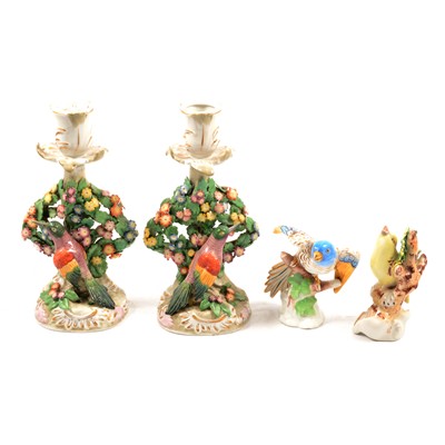 Lot 12 - Pair of Continental porcelain candlesticks and two birds models