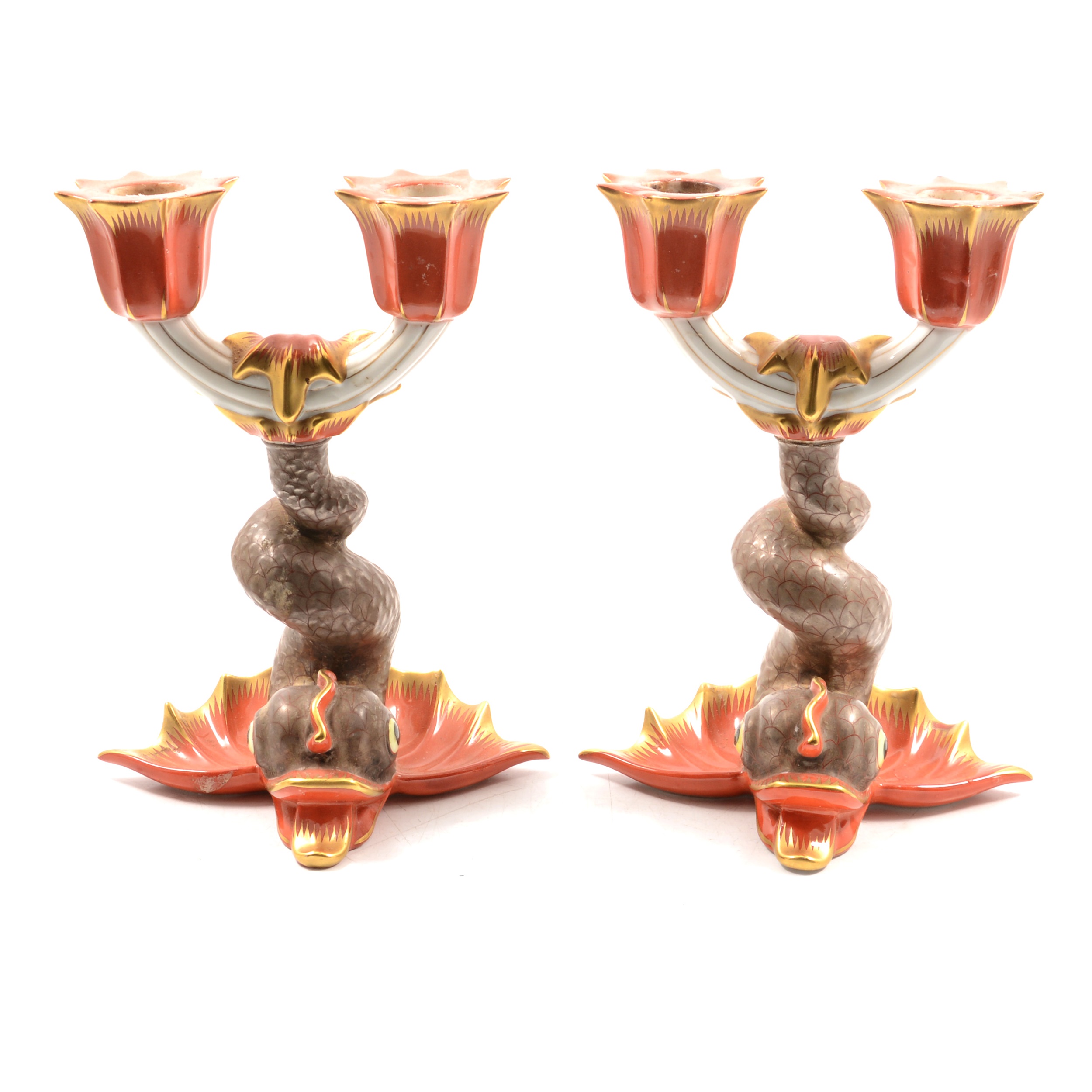 Lot 2 Pair of Herend porcelain dolphin candlesticks,