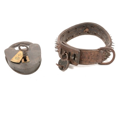 Lot 96 - Victorian leather dog collar and a large padlock