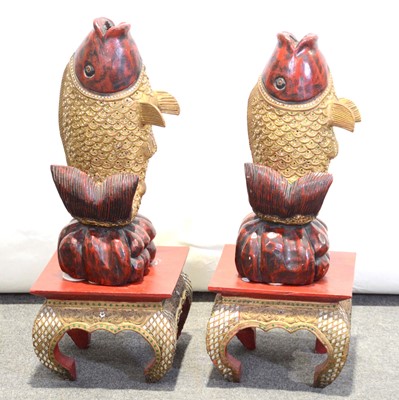 Lot 485 - Pair of Indian carved, painted and inlaid wood models of fish