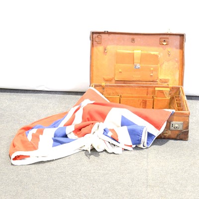 Lot 440 - Vintage leather suitcase, and a Union Jack flag