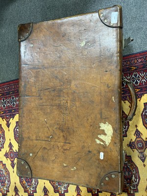 Lot 440 - Vintage leather suitcase, and a Union Jack flag