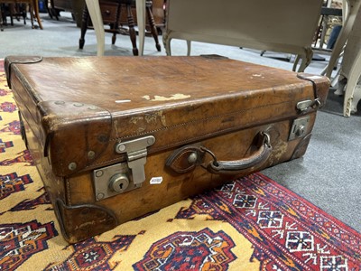 Lot 440 - Vintage leather suitcase, and a Union Jack flag