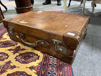 Lot 440 - Vintage leather suitcase, and a Union Jack flag