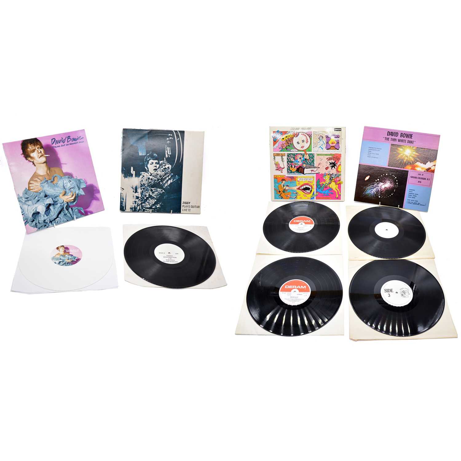 Lot 65 - David Bowie LP vinyl records, four including Ziggy Plays Guitar - Live '72 LO1 etc