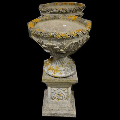 Lot 417 - Pair of pedestal garden urns, on rectangular plinths