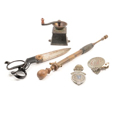 Lot 169 - Collection of vintage car badges, candle snuffers, brass weights and other metalwares.