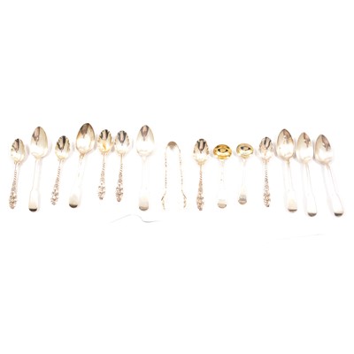 Lot 256 - Set of six Victorian silver tablespoons and sugar nips, Charles Edwards, London 1889, and flatware.
