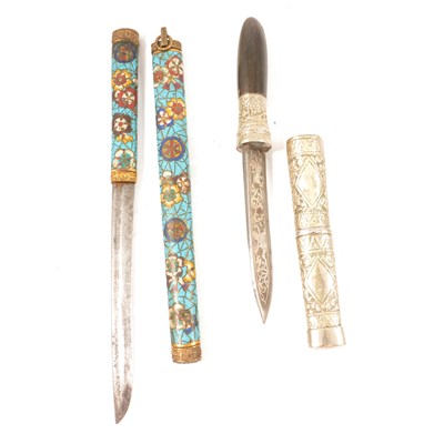 Lot 158 - Chinese cloisonne knife, and a white metal and horn handled Persian knife