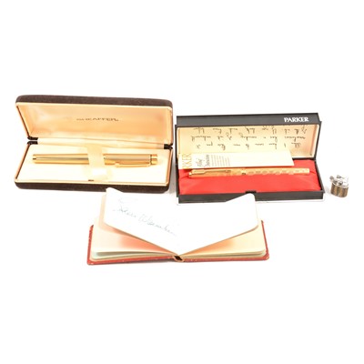 Lot 293 - Parker 65 Cumulus fountain pen, Scheaffer fountain pen, miniature lighter, and autograph book.