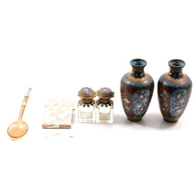 Lot 124 - Pair of cloisonne vases, scent bottles, and mother-of-pearl cardcase