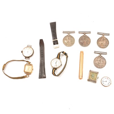 Lot 301 - Four WW1 British War Medals, 9 carat gold cased pencil holder, and other vintage wristwatches.