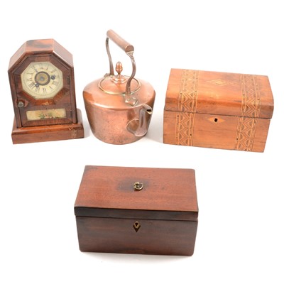 Lot 172 - A copper kettle, a mantel clock, walnut work box and tea caddy.