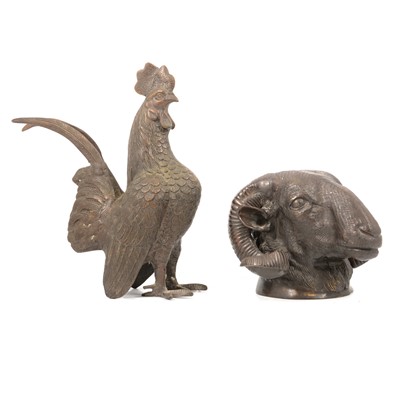 Lot 109 - Modern cast metal ram's head and a sculpture of a cockerel