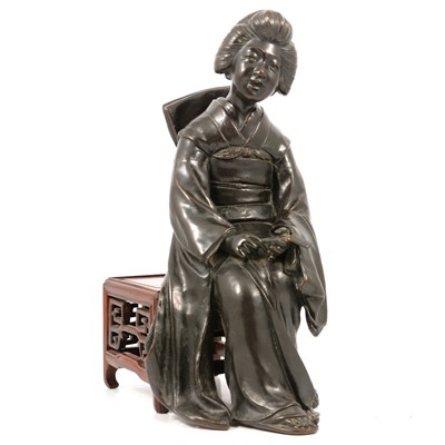 Lot 95 - Japanese bronze figure of a young woman seated on a hardwood stool