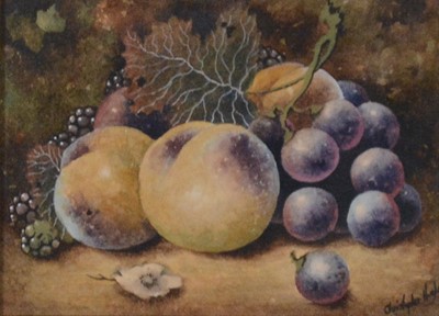 Lot 315 - Christopher Hughes, Still life of peaches, grapes and blackberries.