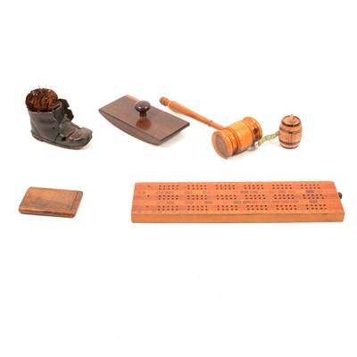 Lot 145 - Masonic wooden gavel, wooden blotter, measuring tape dispenser, and other treen.