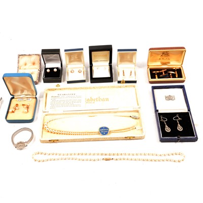 Lot 211 - A cultured pearl necklace, cultured and simulated pearl earrings, earscrews, cufflinks, wristwatch.