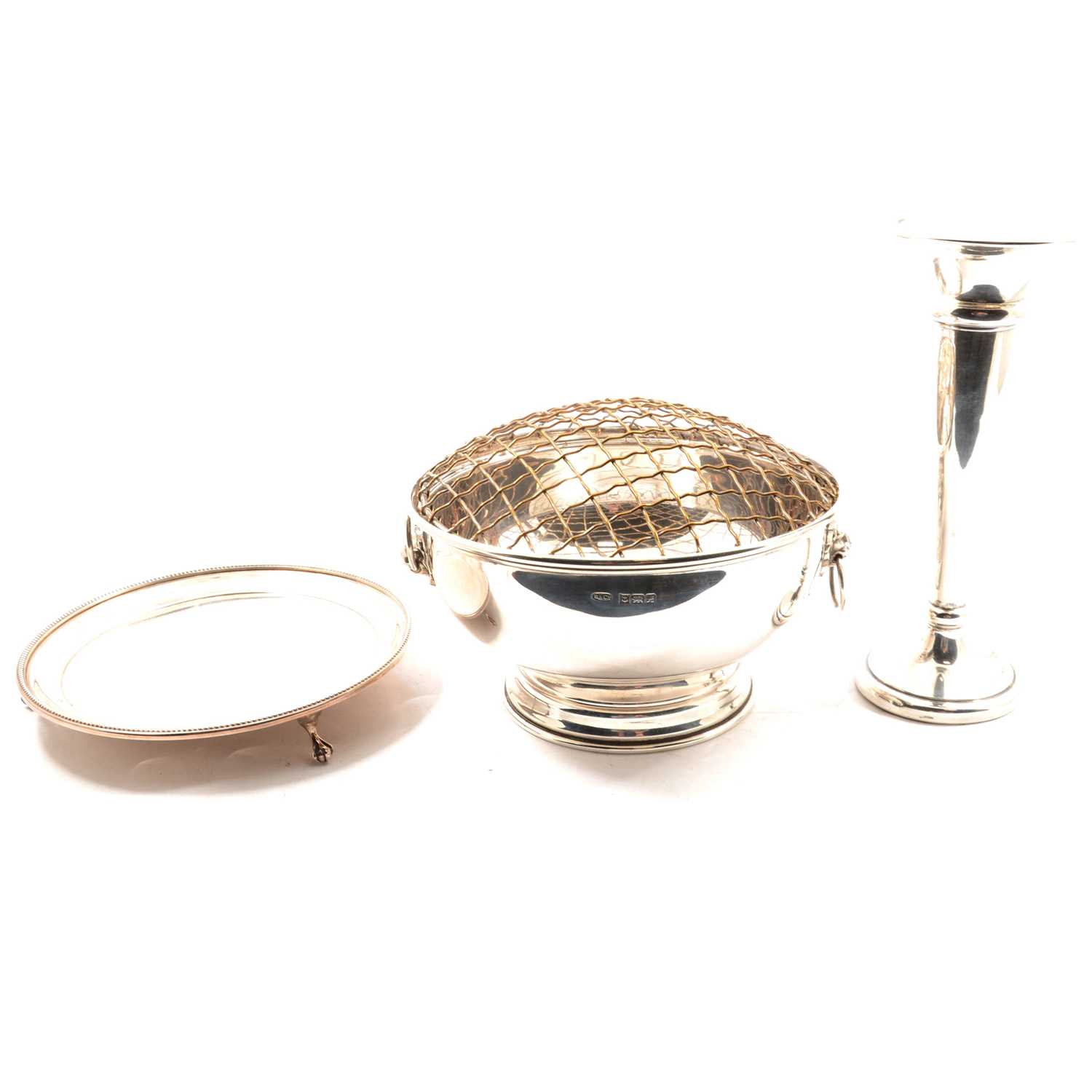 Lot 281 - A small silver salver, rose bowl and bud vase.