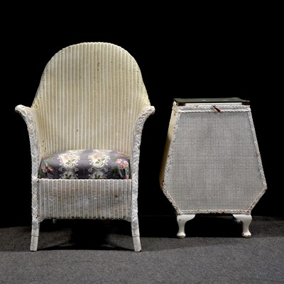 Lot 352 - Lloyd Loom white painted bedroom chair and a mesh linen bin.