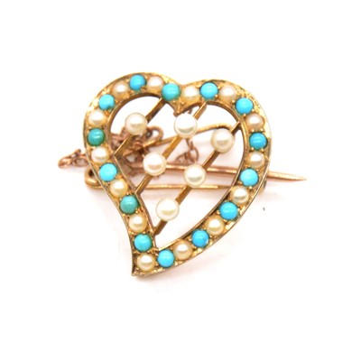 Lot 224 - A turquoise and pearl heart brooch.