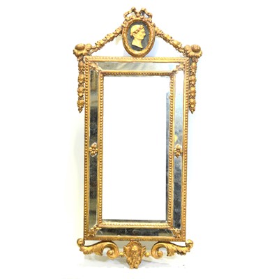 Lot 332 - A Georgian design gilt framed wall mirror and two poker work pictures.