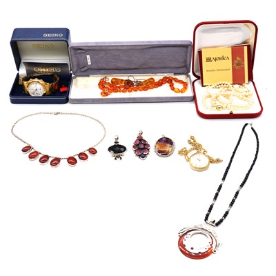 Lot 420 - Silver and costume jewellery, watches, blue john pendant, cornelion necklace.