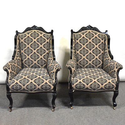 Lot 396 - Pair of Edwardian ebonised salon chairs