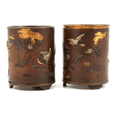 Lot 301 - Pair of Japanese bronze and shakudo brush pots
